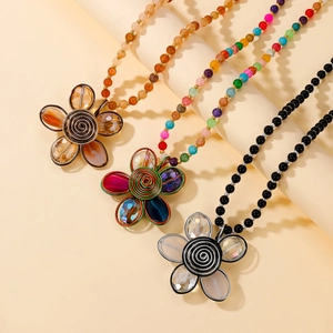 Handmade beaded flower necklaces with aluminum wire coils and translucent petals
