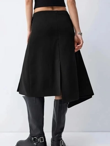 Minimalist high-waisted black midi skirt with irregular split hem and back slit detail