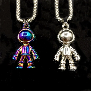 Rainbow and silver astronaut pendant necklaces with magnetic design for couples