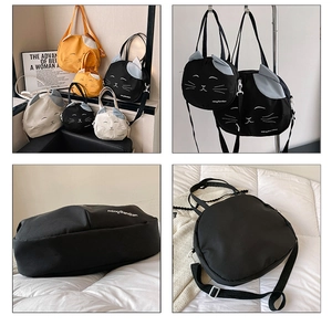 Detailed views of cat-themed canvas bags showing base, back, and ears in multiple colors