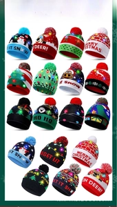 Detailed grid of Christmas knit hats with LED lights, festive patterns and pom-poms