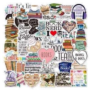Macro view of assorted waterproof reading-themed stickers for laptops and book decor
