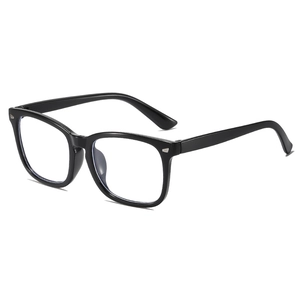 Classic black square anti-blue light glasses with silver studs on a white background