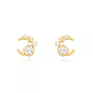Elegant gold celestial stud earrings featuring moon and star motifs with clear zircon stones