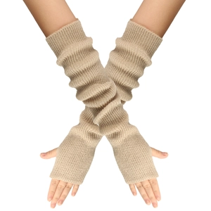 Warme khakifarbene lange Strickhandschuhe für Damen mit Rippmuster und Daumenloch