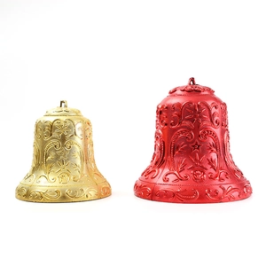 Red and gold Christmas bells with embossed floral patterns for festive wreath decorations