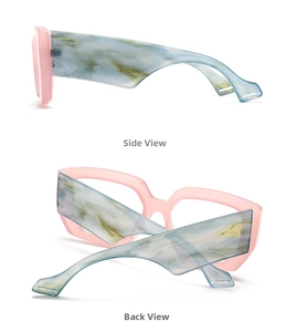 Detailed side and back view of pink frame computer glasses with blue marble temples