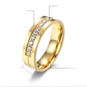 Detailed macro view of a 6mm 18K gold-plated stainless steel ring set with AAA zircons