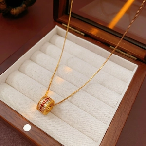 Elegant Cylinder Pendant Necklace Copper Gold Plated With Pink And White Zircon Luxury Vintage Jewelry For Women