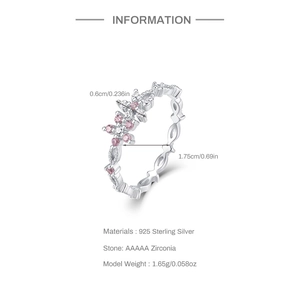 Detailed close-up of 925 sterling silver flower ring with pink zirconia and size specs