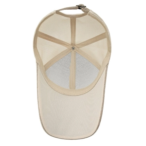 Beige breathable mesh baseball cap for men featuring adjustable metal strap and mesh structure