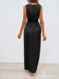 Detail shot of the back of an elegant black satin sleeveless maxi dress with slim fit