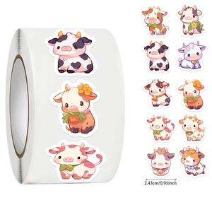 Detail view of 0.95 inch cute cartoon cow reward stickers for kids and gift packaging