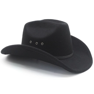 Close-up of a black western cowboy hat with metal eyelets and leather band detail