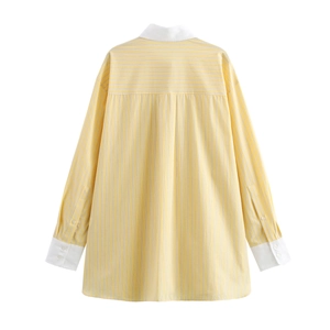 Women's yellow and white striped A-line mini dress with long sleeves and white collar