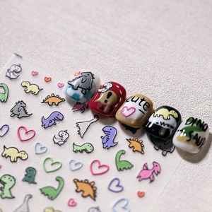 Cute cartoon dinosaur nail stickers with colorful hearts and matte finish for DIY manicure