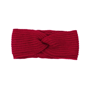 Close-up detail of dark red cable knit ear warmer headband with twist knot design