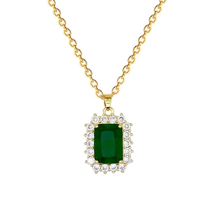 Luxurious gold-plated necklace featuring an emerald-cut green crystal and halo pendant