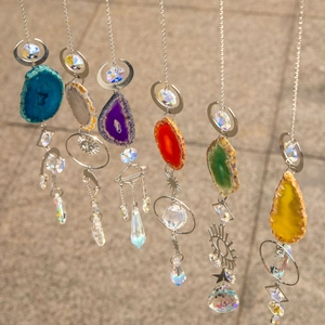 Agate crystal suncatcher set with colorful moon and star prisms for window hanging