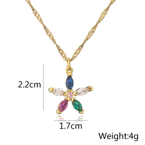 Detail of 18K gold-plated flower pendant with colorful zircons and size specifications