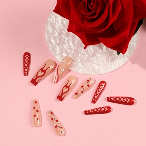 French flame heart long coffin press-on nails set with red rose and crystal gems