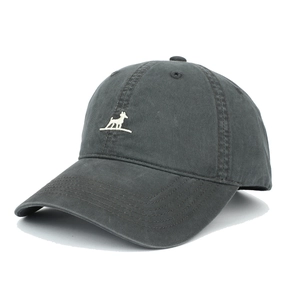 Dark grey cotton baseball cap with white puppy embroidery and a wide brim for sun protection
