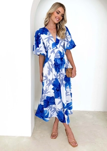 Detail view of floral print maxi dress with puff sleeves and elegant V-neckline