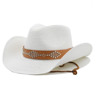 Classic white straw cowboy hat with studded brown leather band and adjustable chin strap