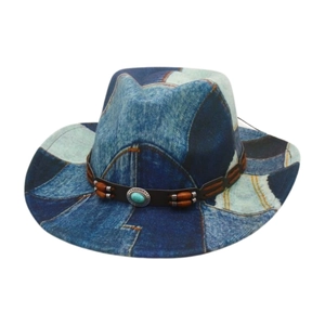 Vintage western cowboy hat in patchwork denim style with turquoise stone and braided band