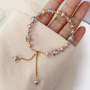 Elegant natural freshwater pearl and purple crystal bead bracelet with gold chain