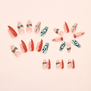 Summer colorful dopamine wavy abstract pattern long almond press-on nail set 24pcs