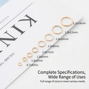 Golden open jump rings in various sizes for DIY jewelry making and link accessories