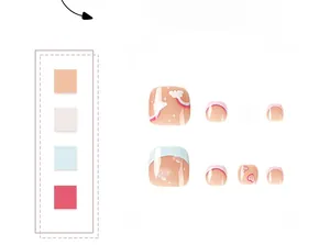 Detail showing rainbow and cloud patterns on blue and pink French press-on toe nails