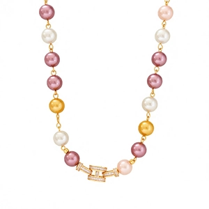 Elegant multi-color pearl necklace with a gold H-shaped zircon pendant on white background
