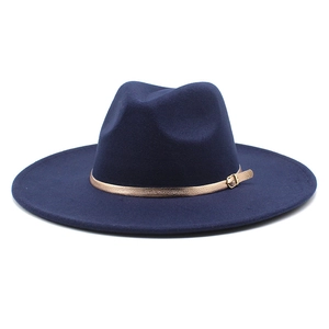 Classic dark blue wool fedora hat with a gold metal band on a white background