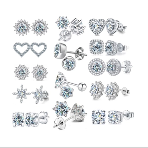 Classic 925 sterling silver moissanite stud earrings in heart and star shapes