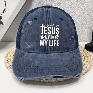 Casquette de baseball bleu foncé délavée avec imprimé Jesus Saved My Life et filet