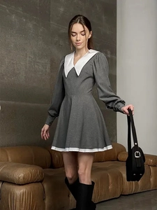 French style grey doll collar dress with lantern sleeves and white trim accents