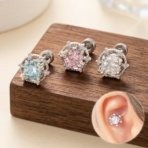 Titanium Steel Cubic Zirconia Ear Cartilage Stud Piercing Earrings Geometric Bow Design Screw Back For Women