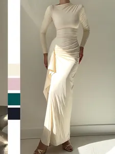 High Neck Long Sleeve Maxi Dress Knitted Ruched Backless Cross Strap Side Slit Sexy Slim Fit Bodycon Party Evening
