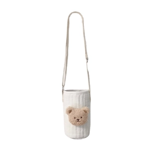 Quilted white water bottle bag with brown teddy bear embroidery and adjustable shoulder strap