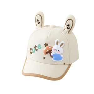 Cute beige baby baseball cap with 3D bunny ears and mushroom cartoon embroidery