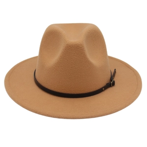 Close-up of camel wool fedora hat featuring a brown leather band and metallic buckle
