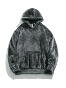 Thick grey polar fleece hooded sweatshirt with kangaroo pocket and loose fit