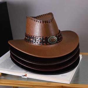 Retro Western Cowboy Hat PU Leather Wide Brim Braided Band Turquoise Concho Adjustable Windproof Rope For Men Women