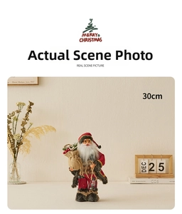 Detail showing a 30cm Christmas Santa Claus figure with a gift bag and classic red hat