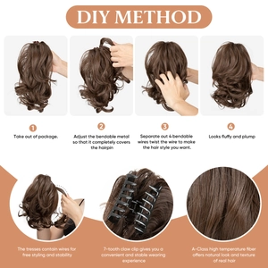Step-by-step DIY guide for styling short curly hairpiece with claw clip and inner bendable wire