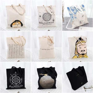 Collage of canvas tote bags in beige and black featuring various graphic prints and patterns