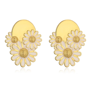 Elegant gold-plated daisy stud earrings with white enamel flower petals on white background