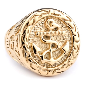 Men's gold stainless steel signet ring with nautical anchor relief design, 45-degree angle